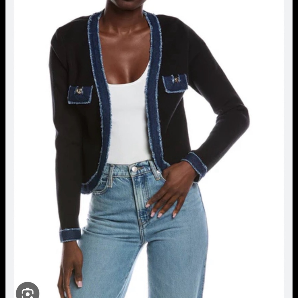 Nanette Leporw Black Knit Open Cardigan with Denim Trim